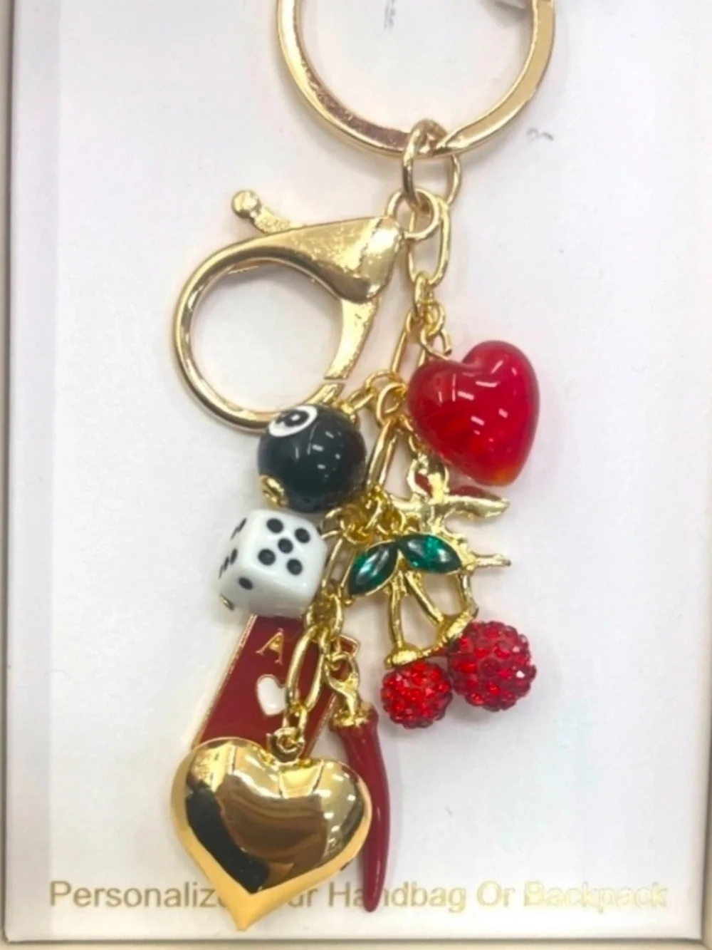 Persimmons NWT Gold Tone Red Charm Keychain with Hearts, Dice & Playing Card